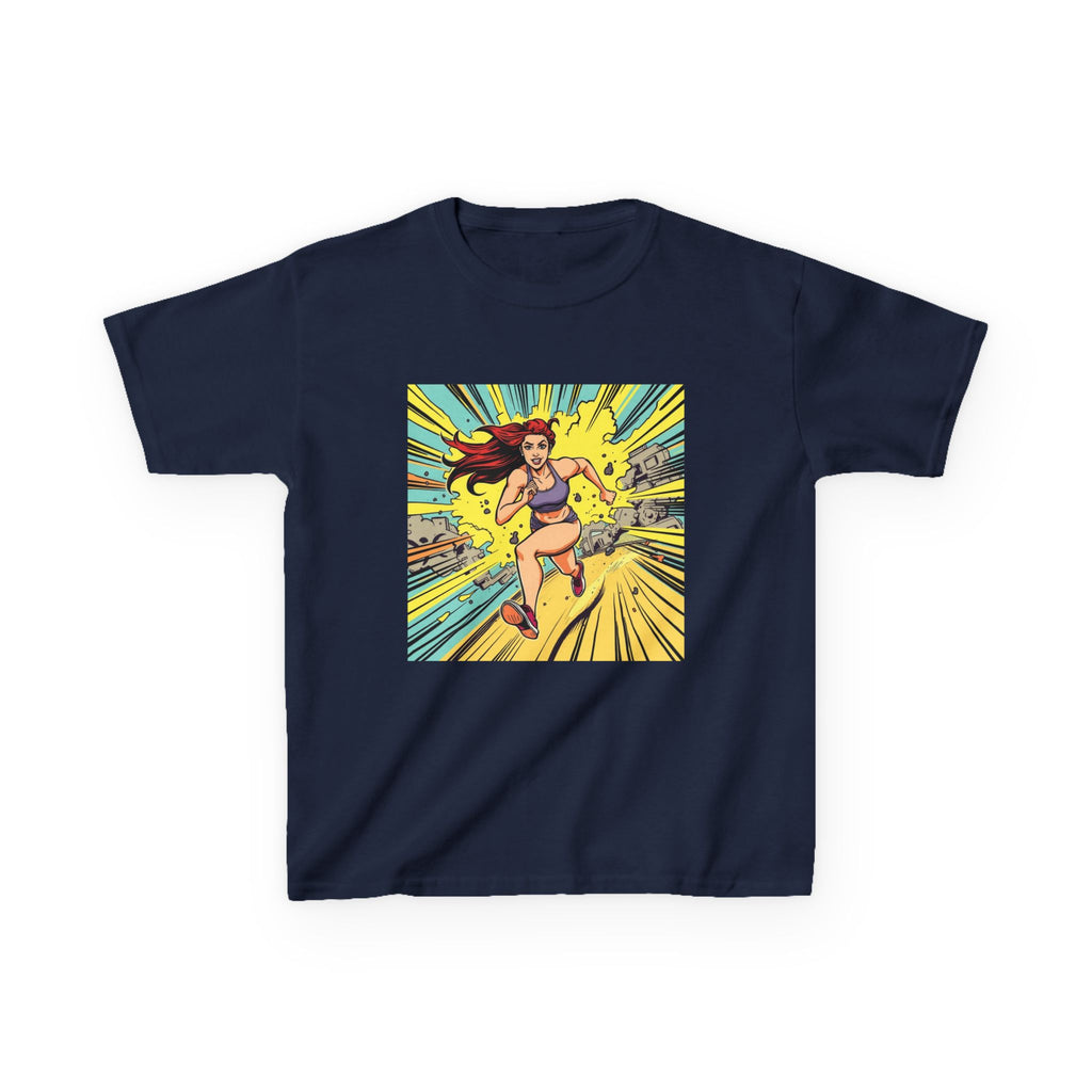 Kids Tee — Retro Pop Art Superhero Girl Running Graphic