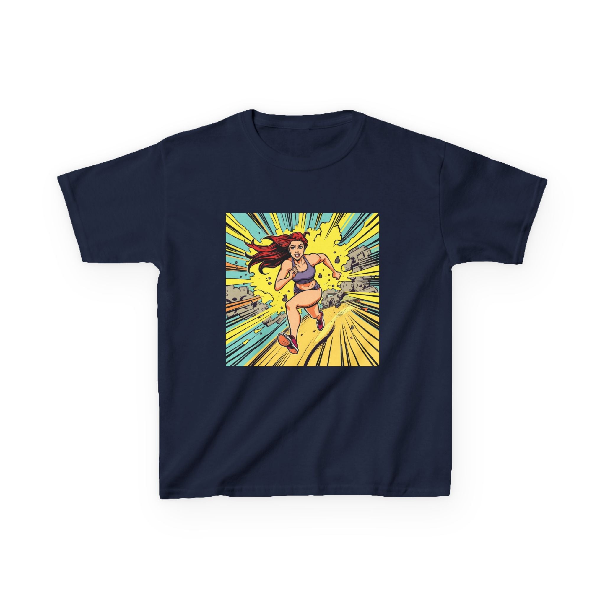 Kids Tee — Retro Pop Art Superhero Girl Running Graphic