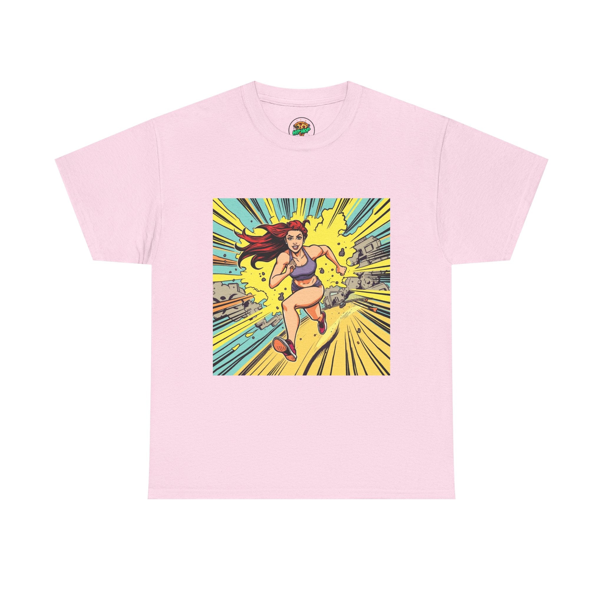 Graphic Tee — Retro Pop Art Running Woman Comic Design