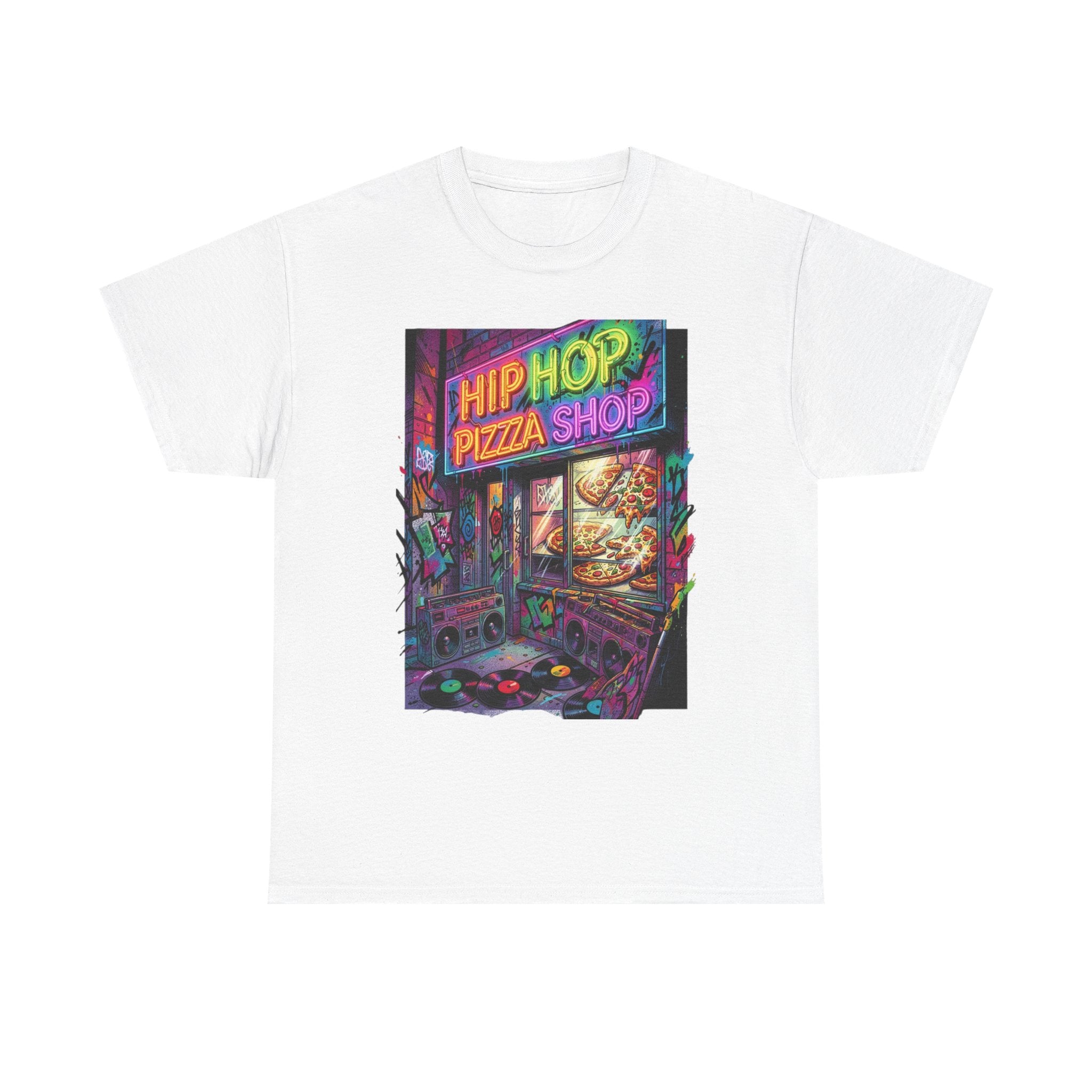 Hip Hop Pizza Shop T-Shirt — Retro Neon Streetwear Tee