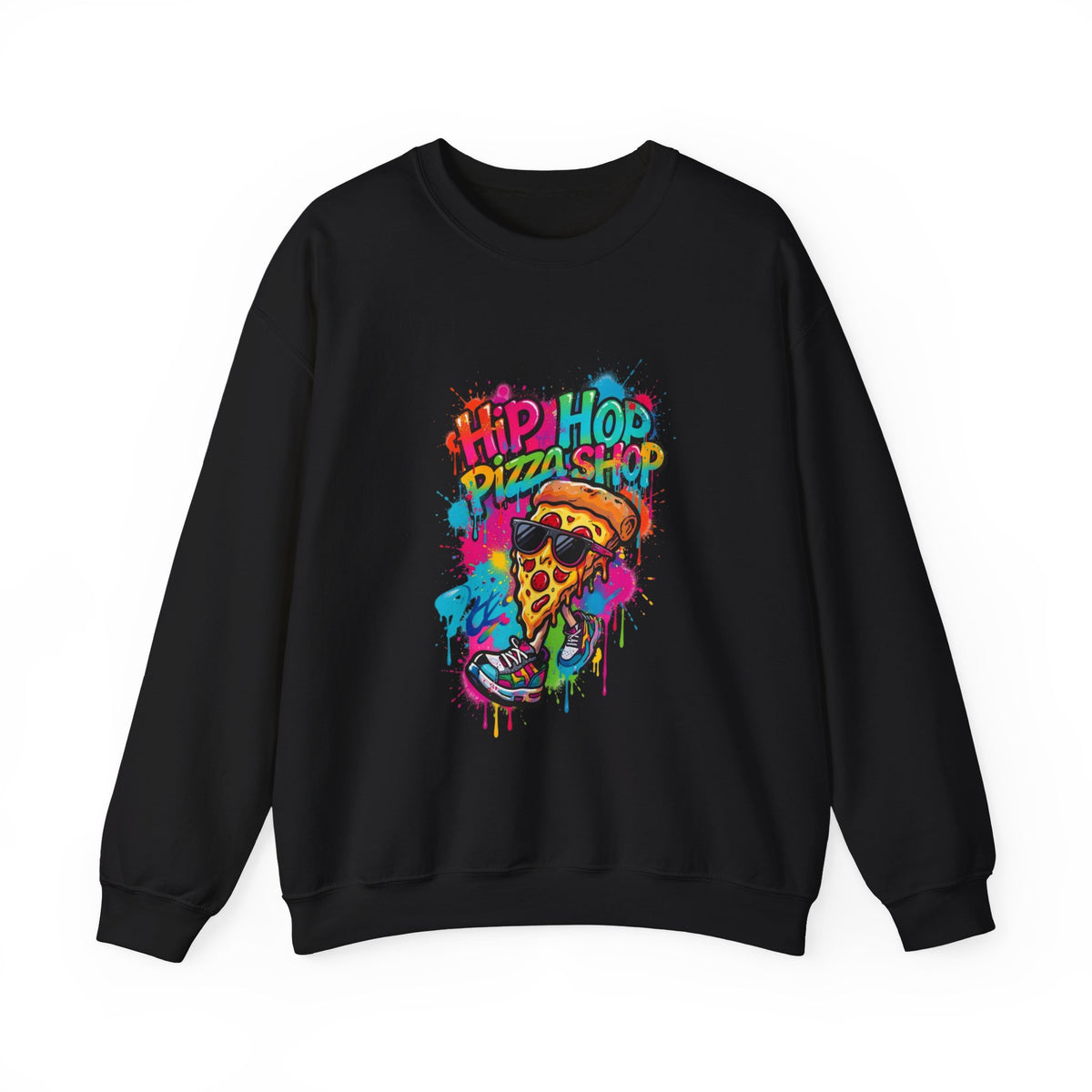 Hip Hop Pizza Shop Crewneck Sweatshirt — Retro Graffiti Pizza Slice Design