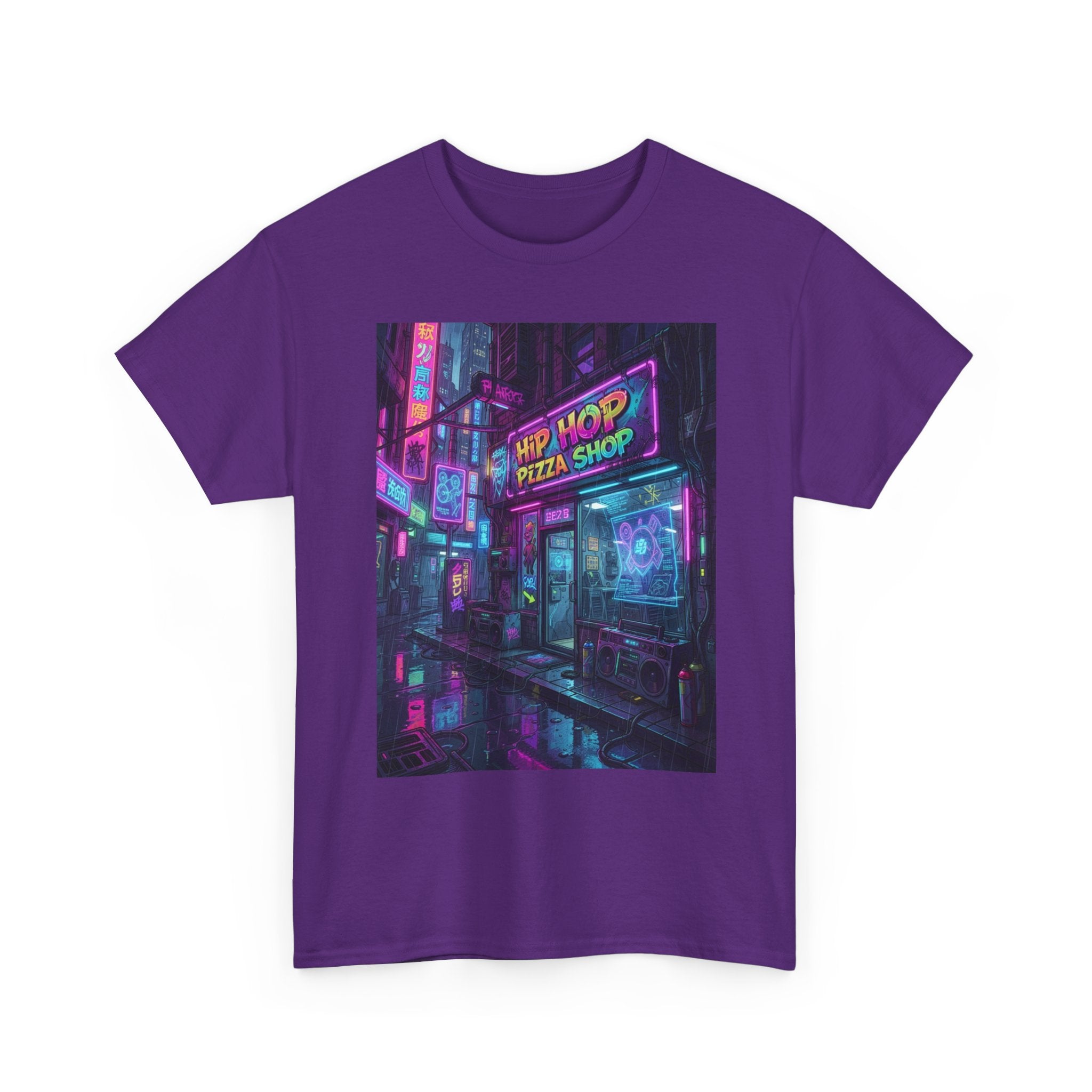 Cyberpunk Streetwear T‑Shirt — Neon “Hip Hop Pizza Shop” Graphic Tee