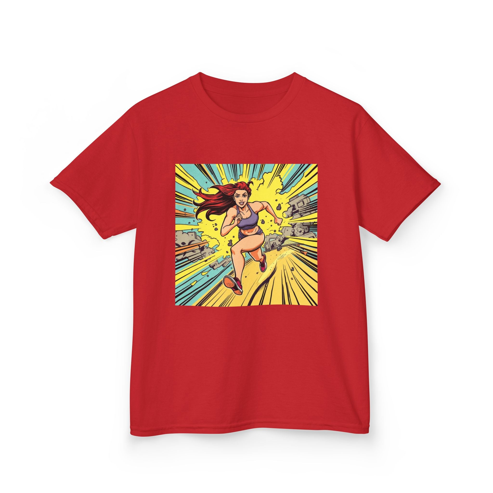 Kids Tee — Retro Pop Art Superhero Girl Running Graphic