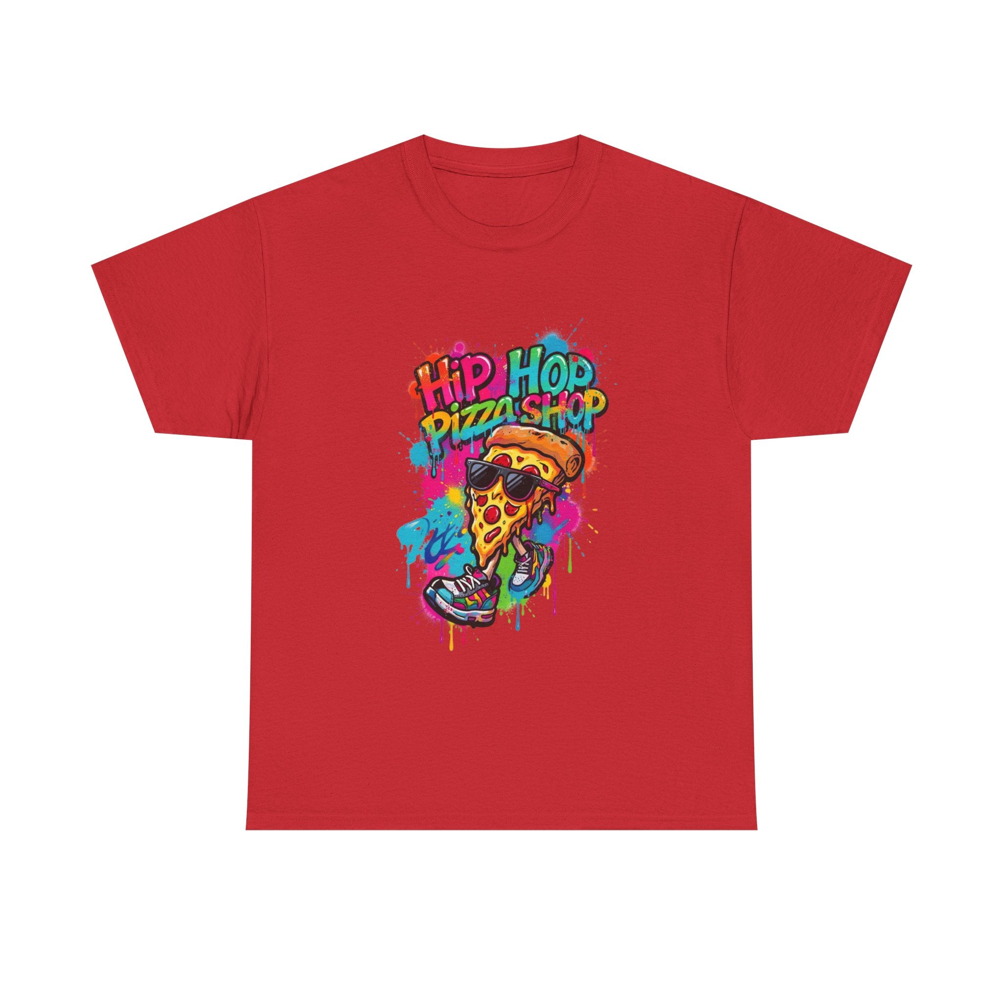 Hip Hop Pizza Shop Graphic Tee — Colorful Streetwear Pizza Slice Design