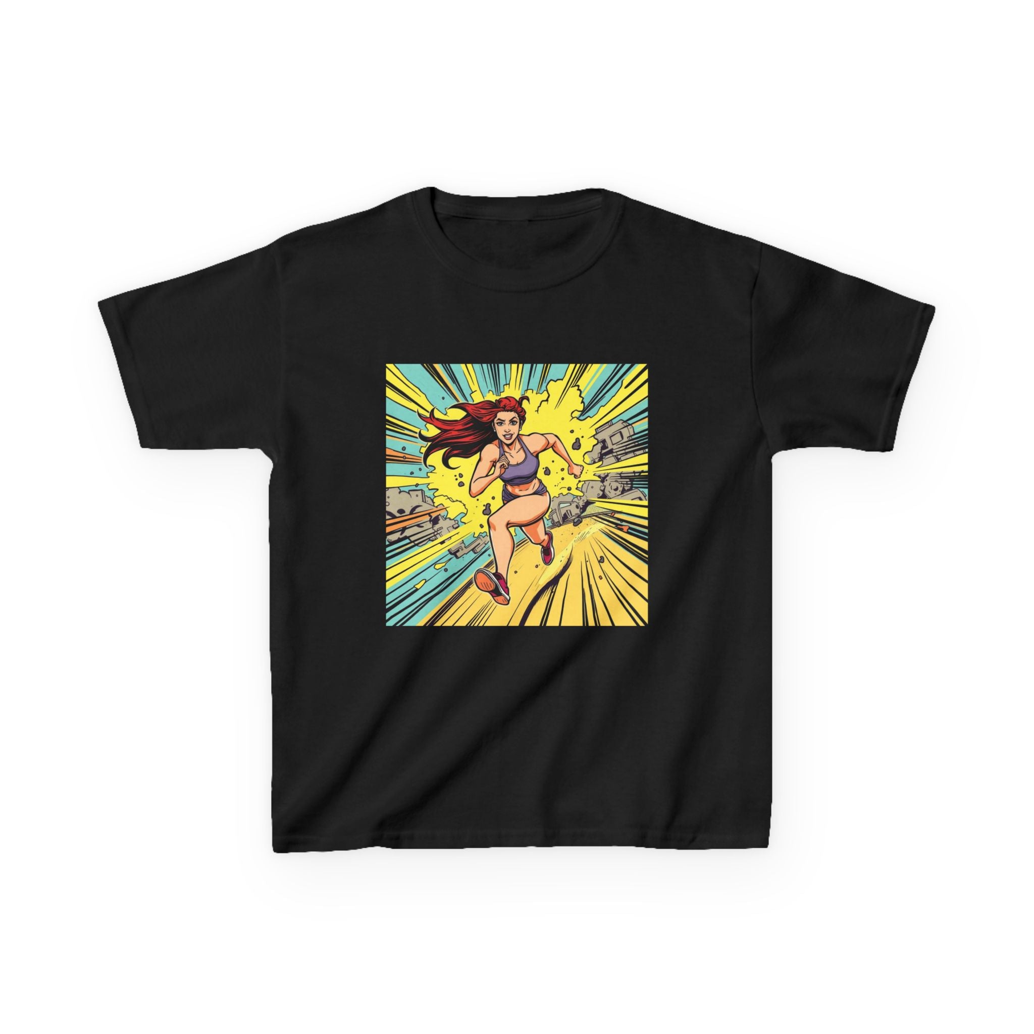 Kids Tee — Retro Pop Art Superhero Girl Running Graphic