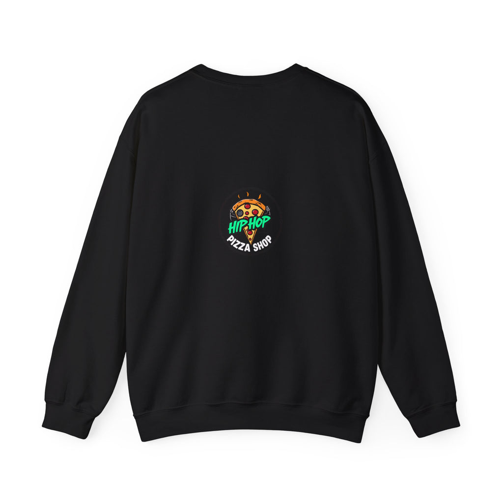 Hip Hop Pizza Shop Crewneck Sweatshirt — Retro Graffiti Pizza Slice Design