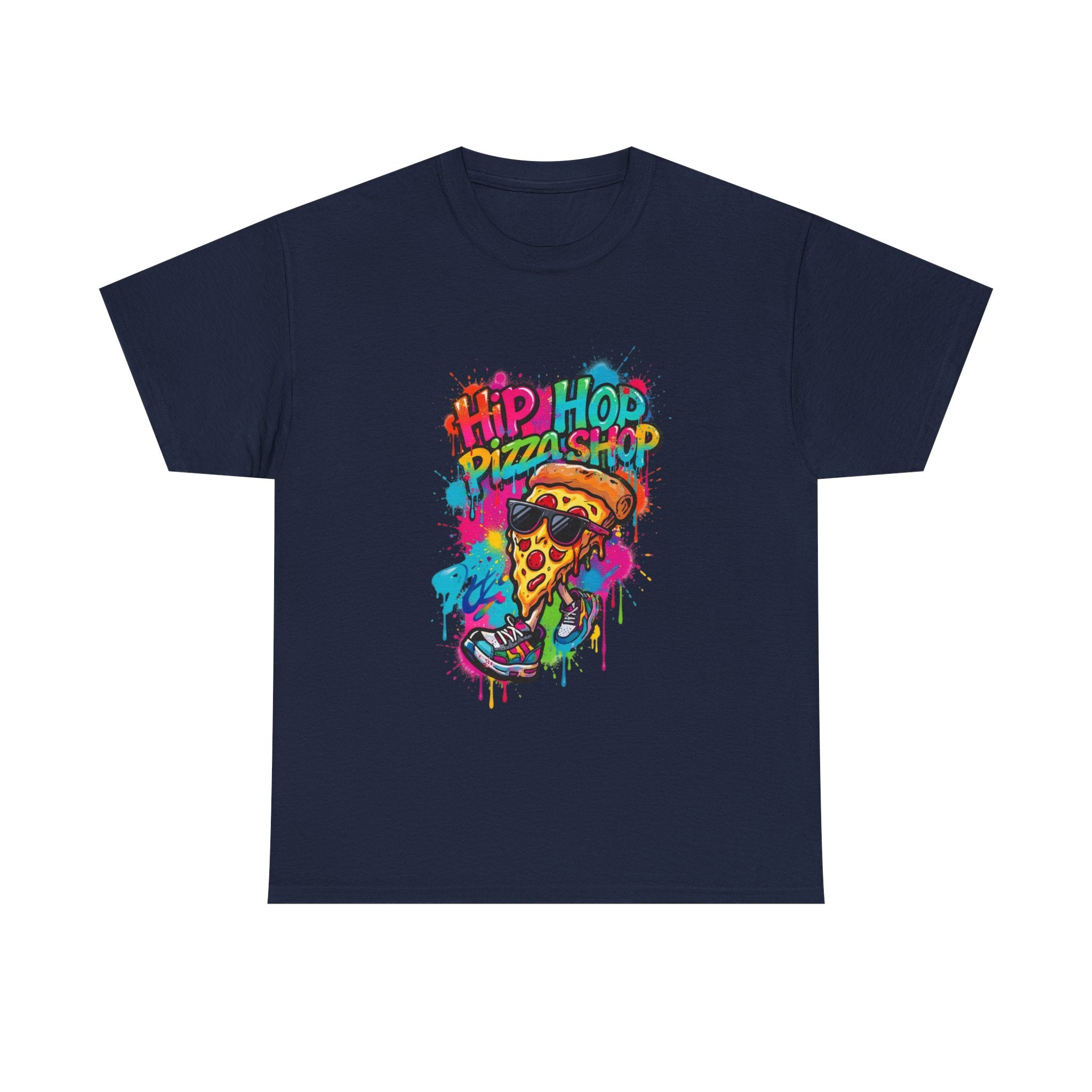 Hip Hop Pizza Shop Graphic Tee — Colorful Streetwear Pizza Slice Design