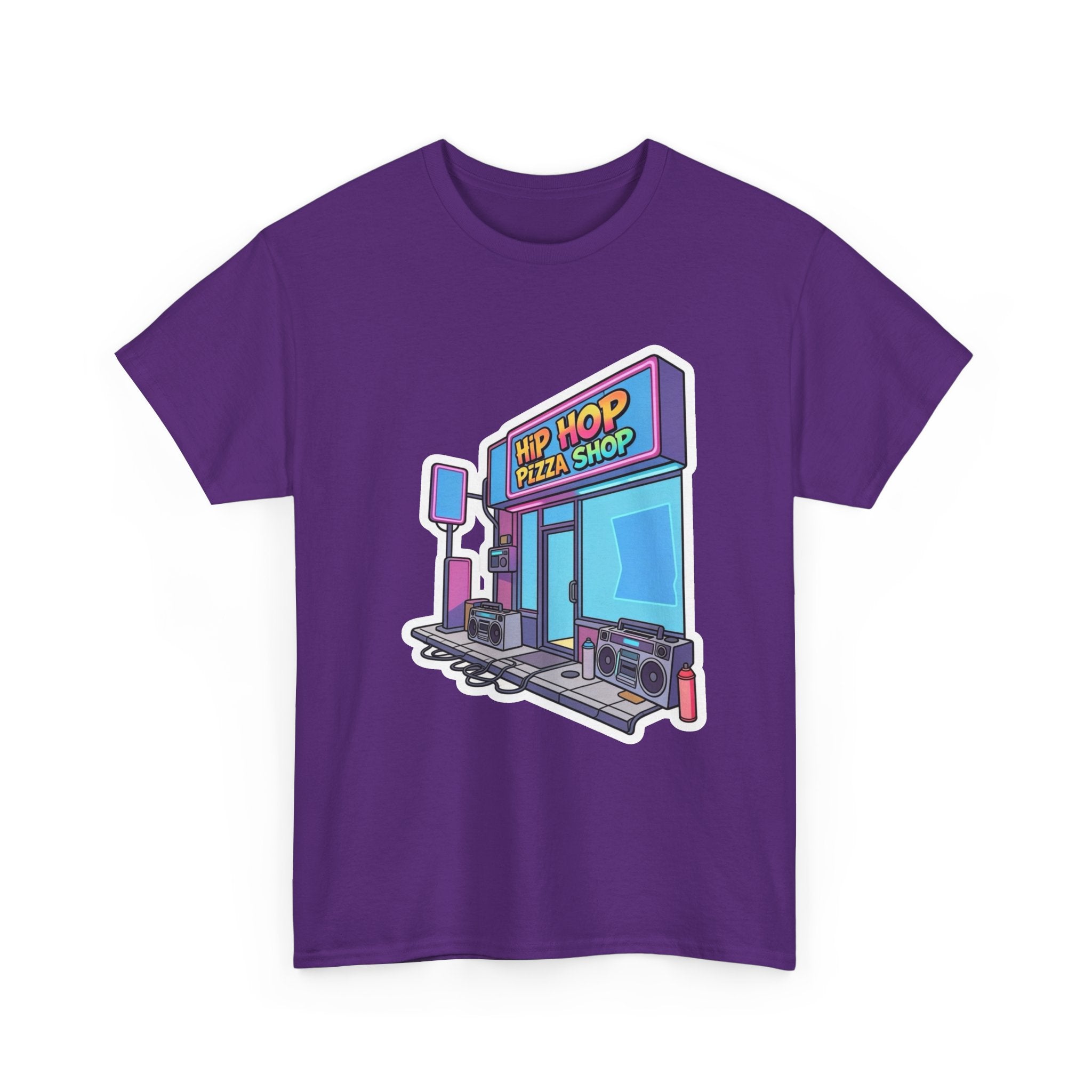 Hip Hop Pizza Shop T‑Shirt — Retro Neon Pizzeria Graphic Tee
