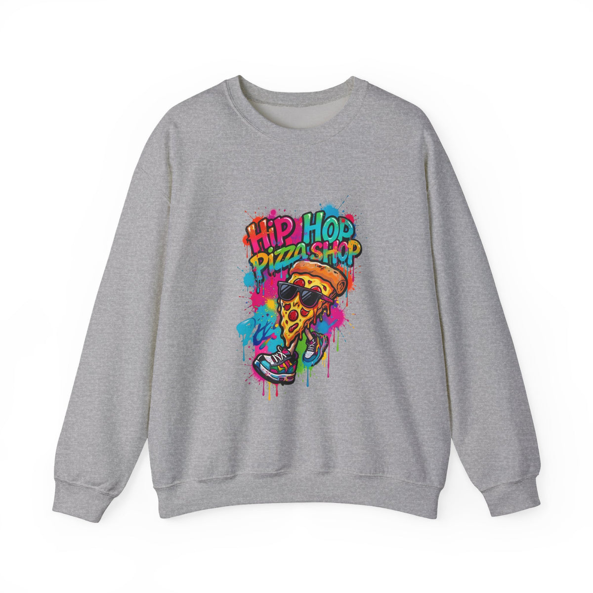 Hip Hop Pizza Shop Crewneck Sweatshirt — Retro Graffiti Pizza Slice Design