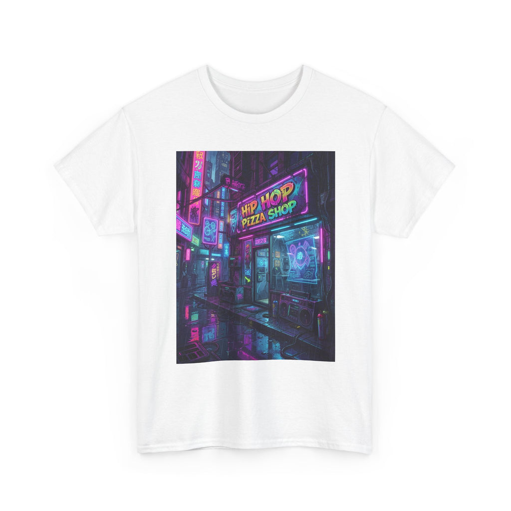 Cyberpunk Streetwear T‑Shirt — Neon “Hip Hop Pizza Shop” Graphic Tee