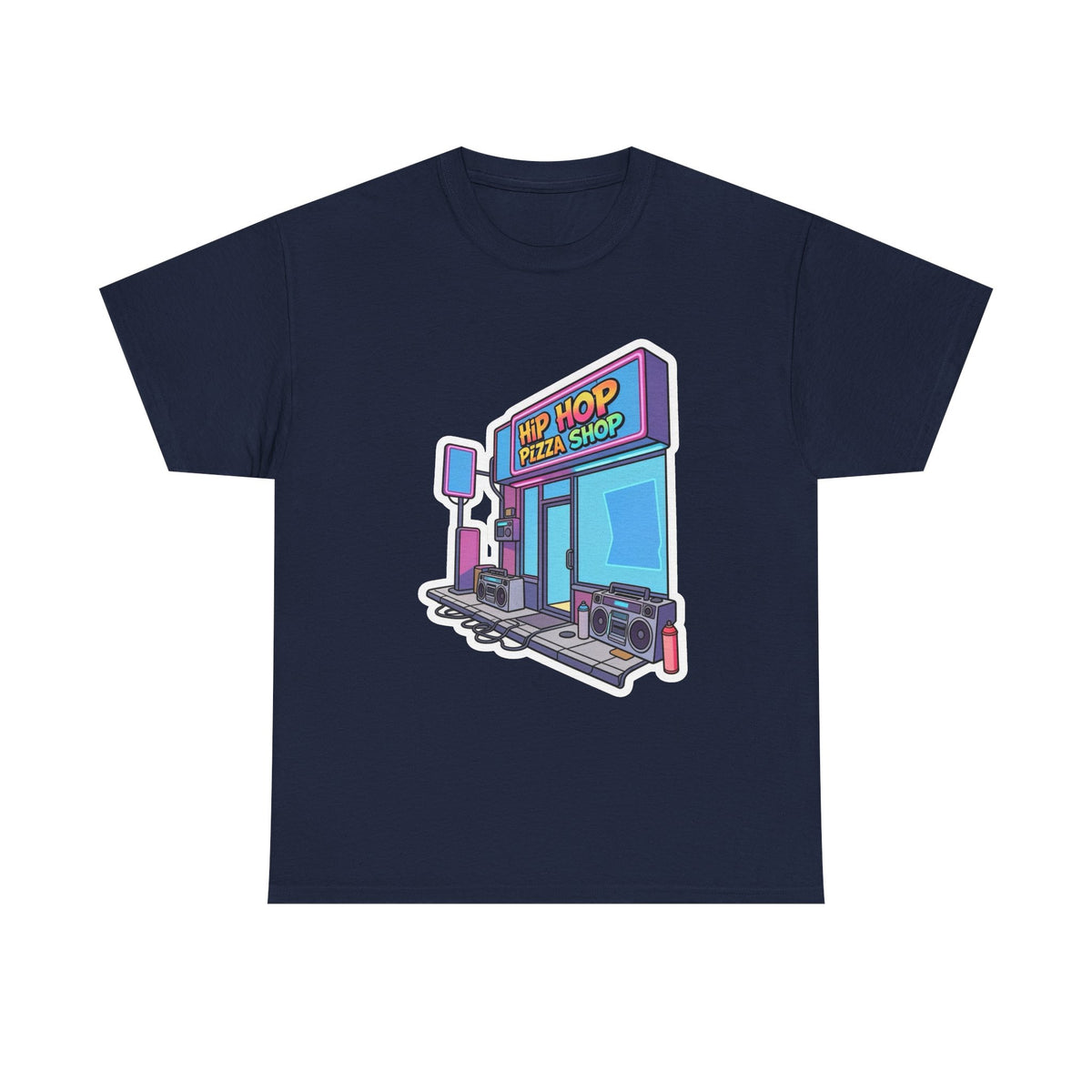 Hip Hop Pizza Shop T‑Shirt — Retro Neon Pizzeria Graphic Tee