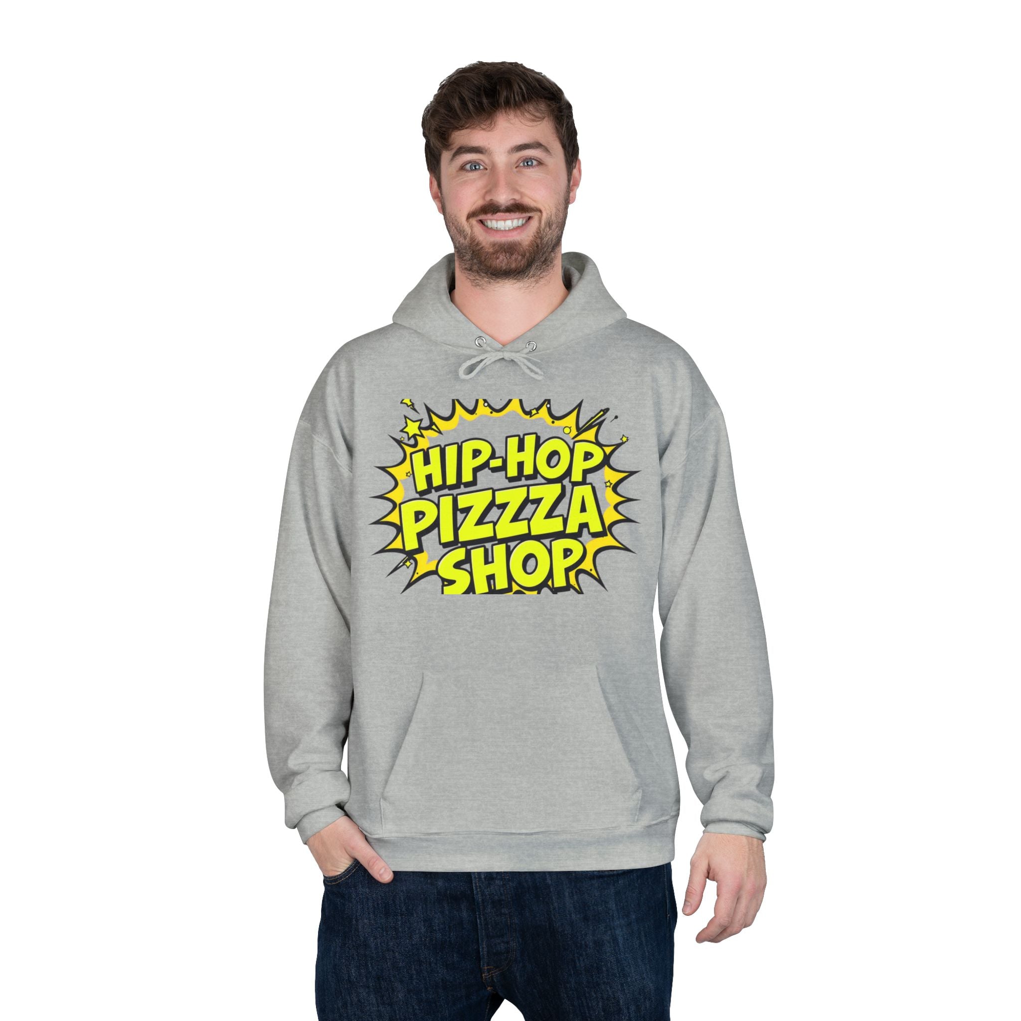 Hip-Hop Pizza Shop Hoodie — Retro Comic Logo Pullover