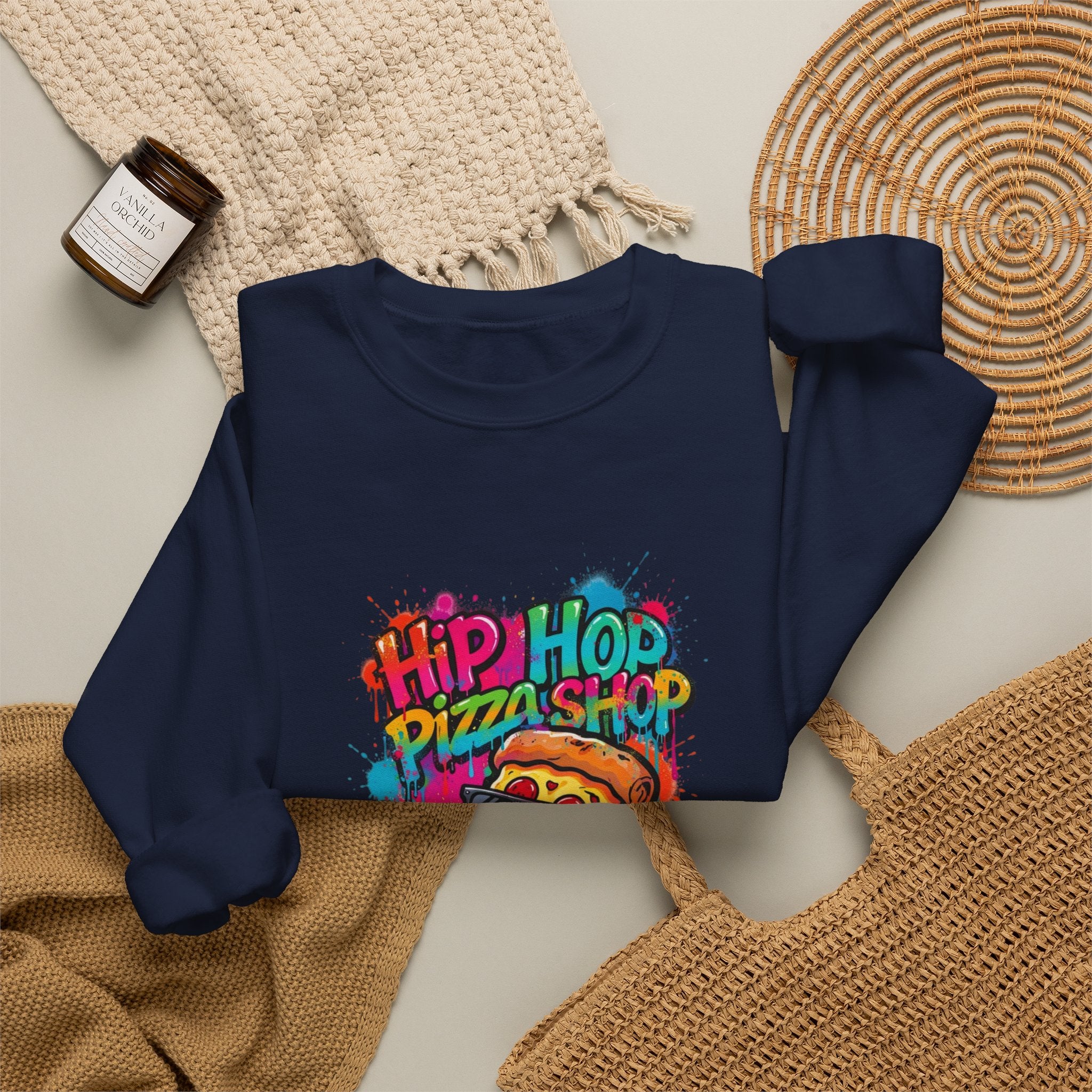 Hip Hop Pizza Shop Crewneck Sweatshirt — Retro Graffiti Pizza Slice Design