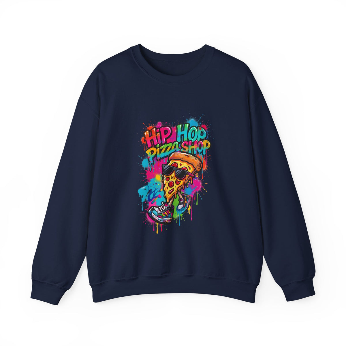 Hip Hop Pizza Shop Crewneck Sweatshirt — Retro Graffiti Pizza Slice Design