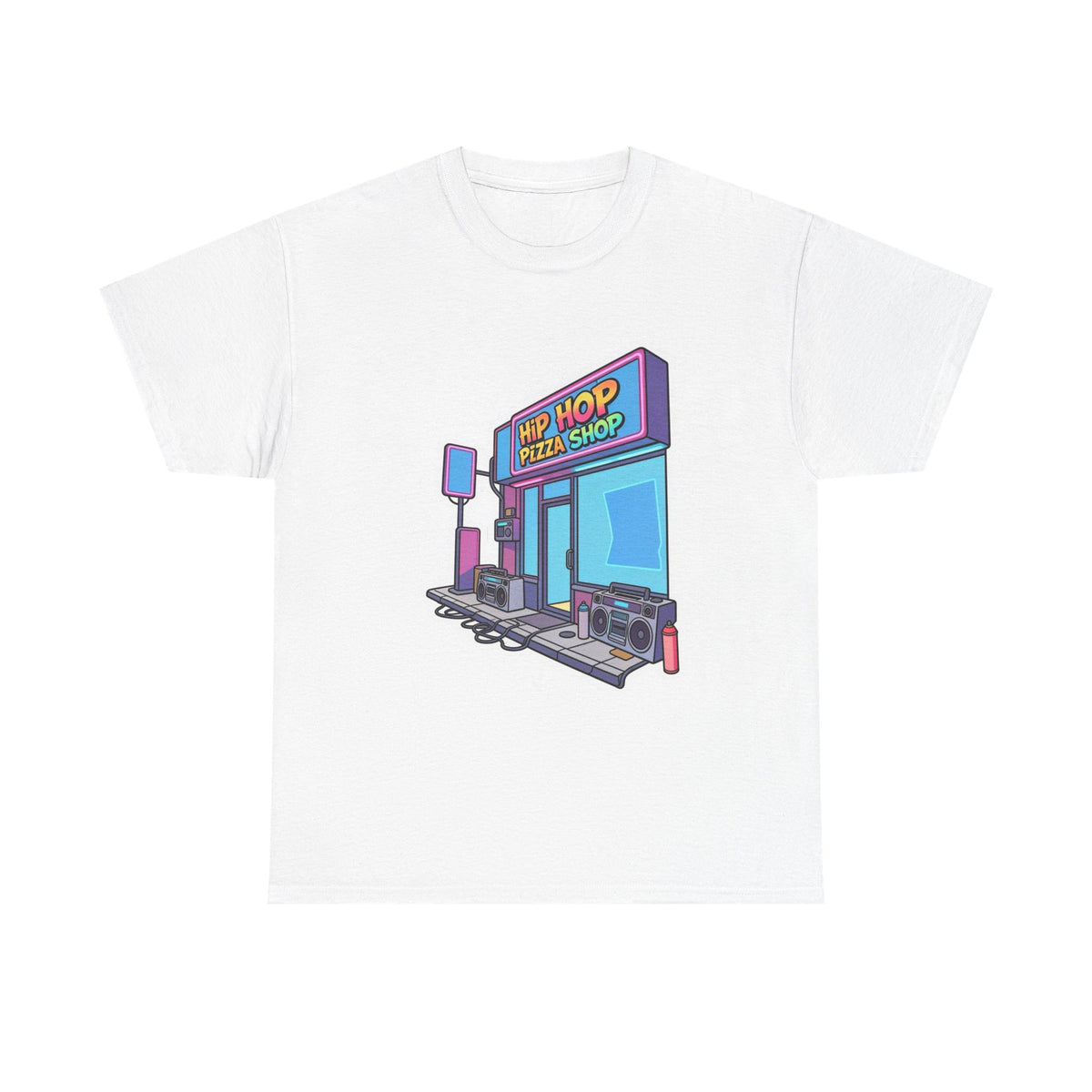 Hip Hop Pizza Shop T‑Shirt — Retro Neon Pizzeria Graphic Tee