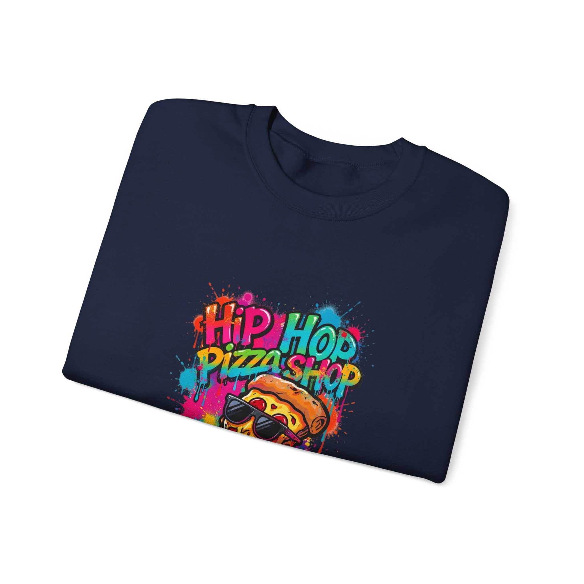 Hip Hop Pizza Shop Crewneck Sweatshirt — Retro Graffiti Pizza Slice Design