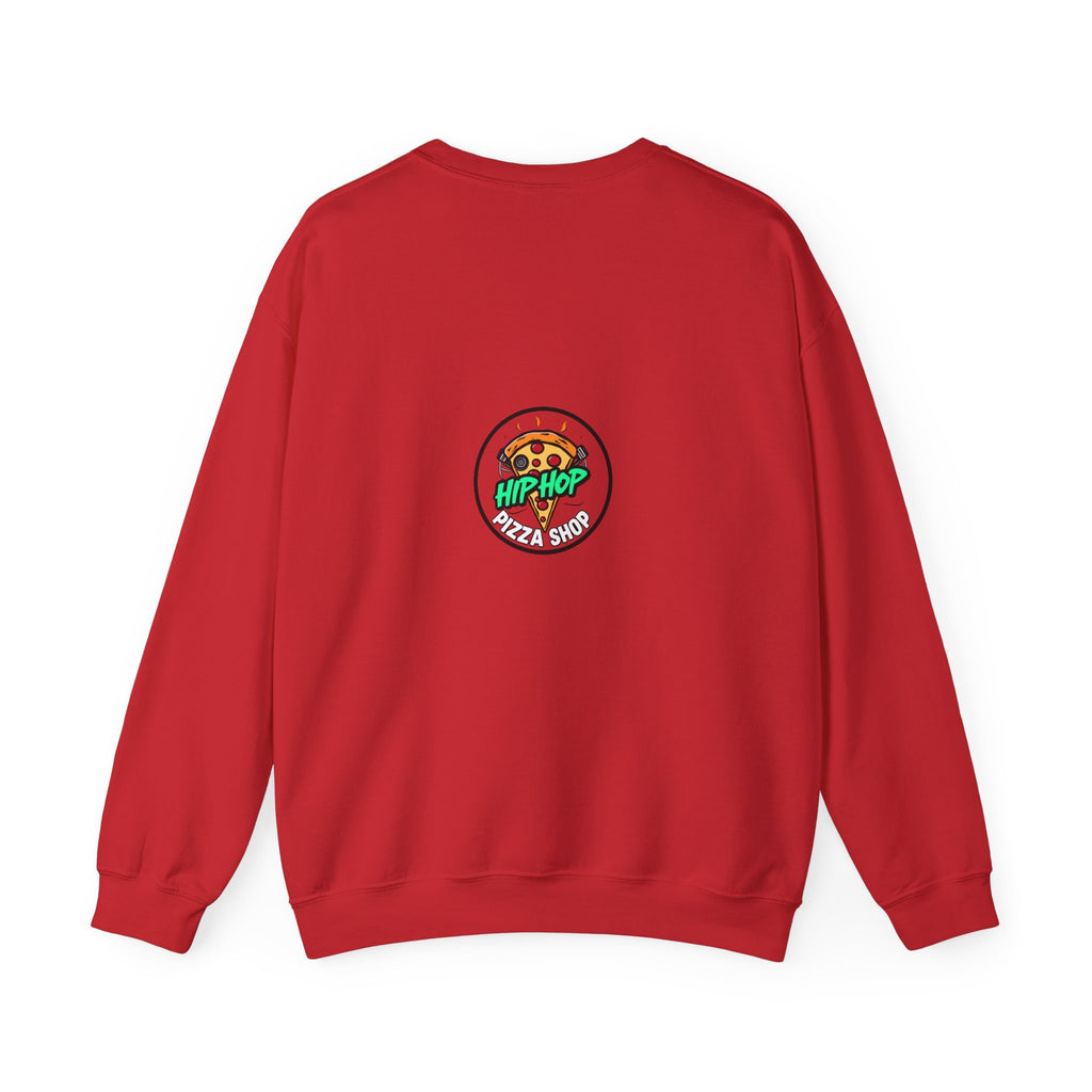 Hip Hop Pizza Shop Crewneck Sweatshirt — Retro Graffiti Pizza Slice Design
