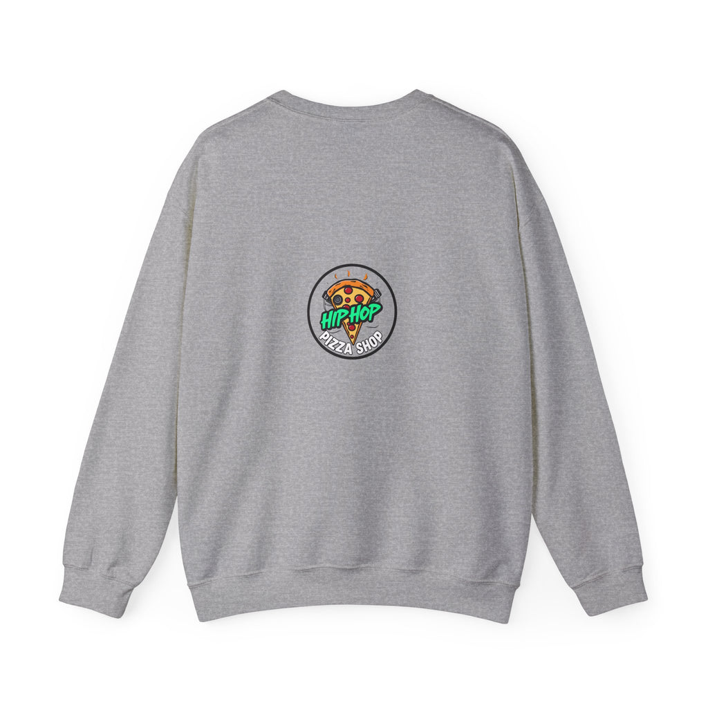 Hip Hop Pizza Shop Crewneck Sweatshirt — Retro Graffiti Pizza Slice Design