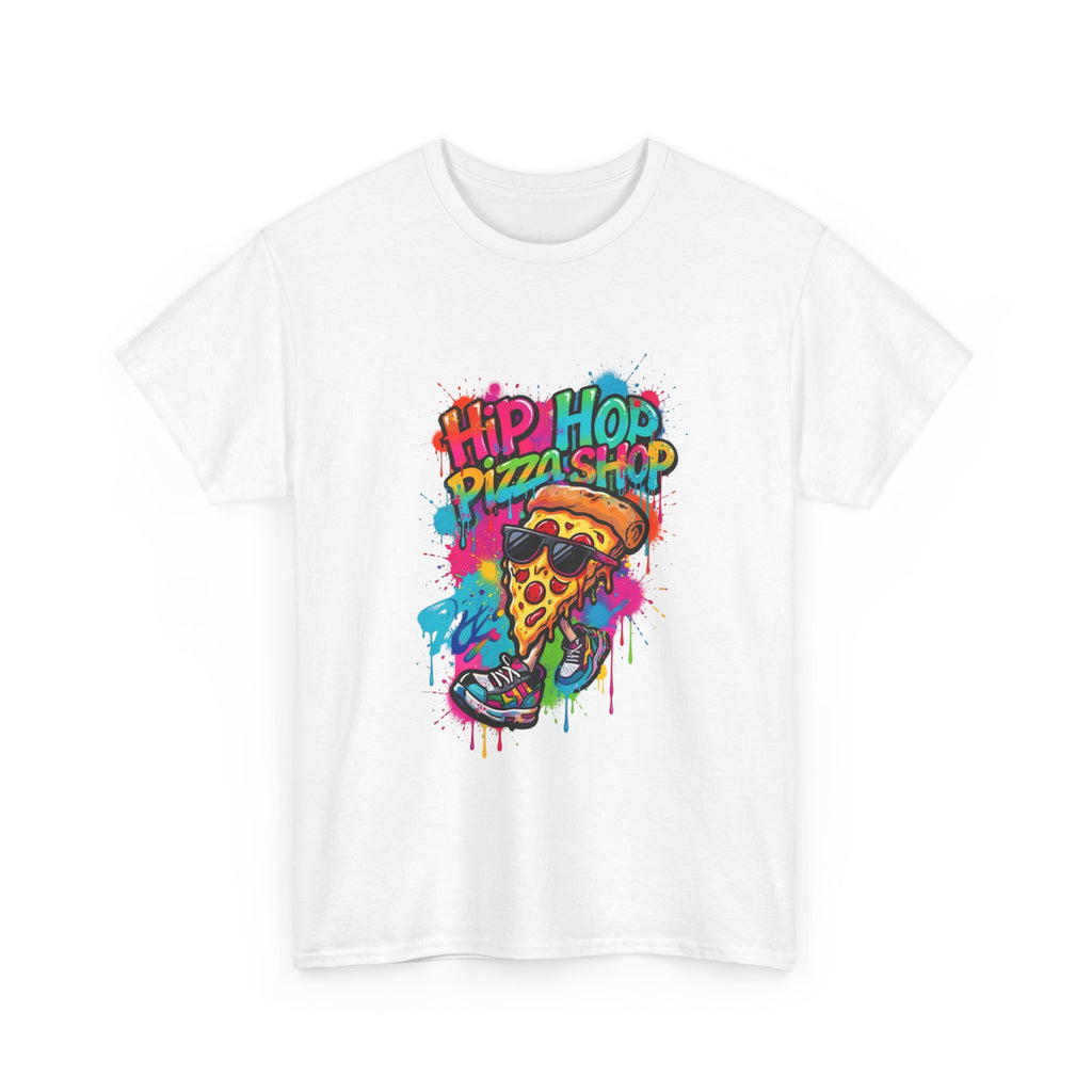 Hip Hop Pizza Shop Graphic Tee — Colorful Streetwear Pizza Slice Design