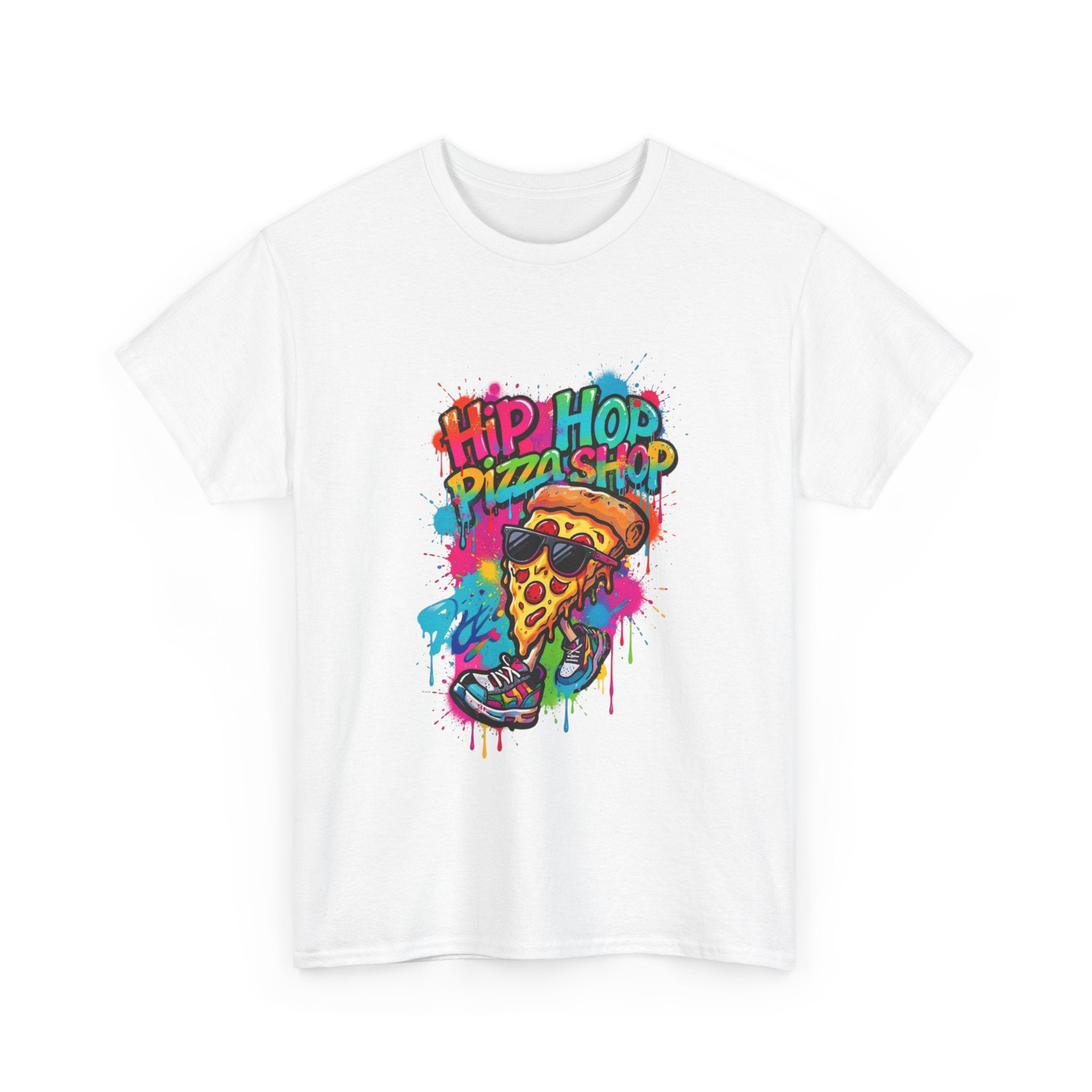Hip Hop Pizza Shop Graphic Tee — Colorful Streetwear Pizza Slice Design