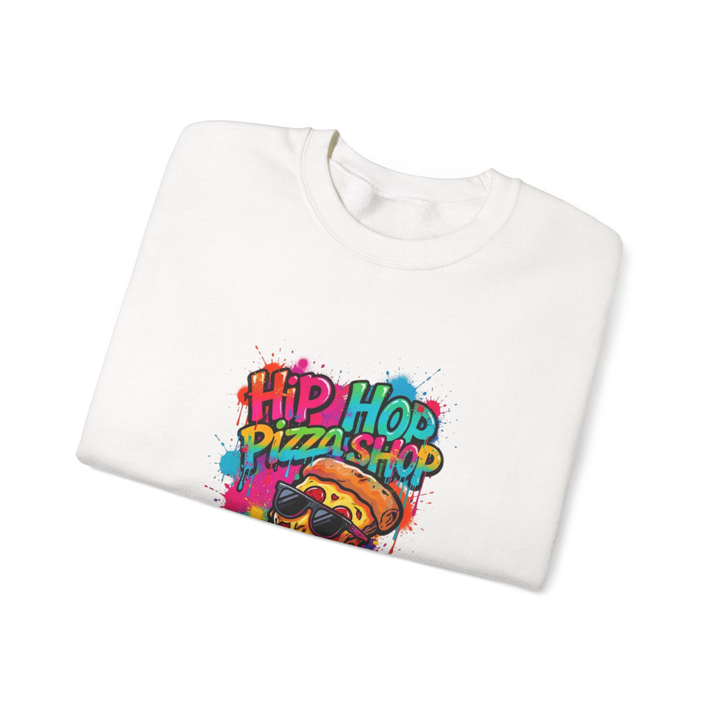 Hip Hop Pizza Shop Crewneck Sweatshirt — Retro Graffiti Pizza Slice Design