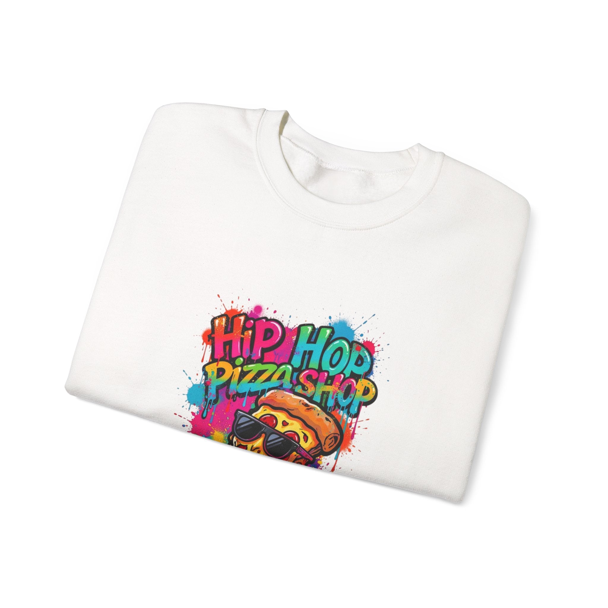 Hip Hop Pizza Shop Crewneck Sweatshirt — Retro Graffiti Pizza Slice Design