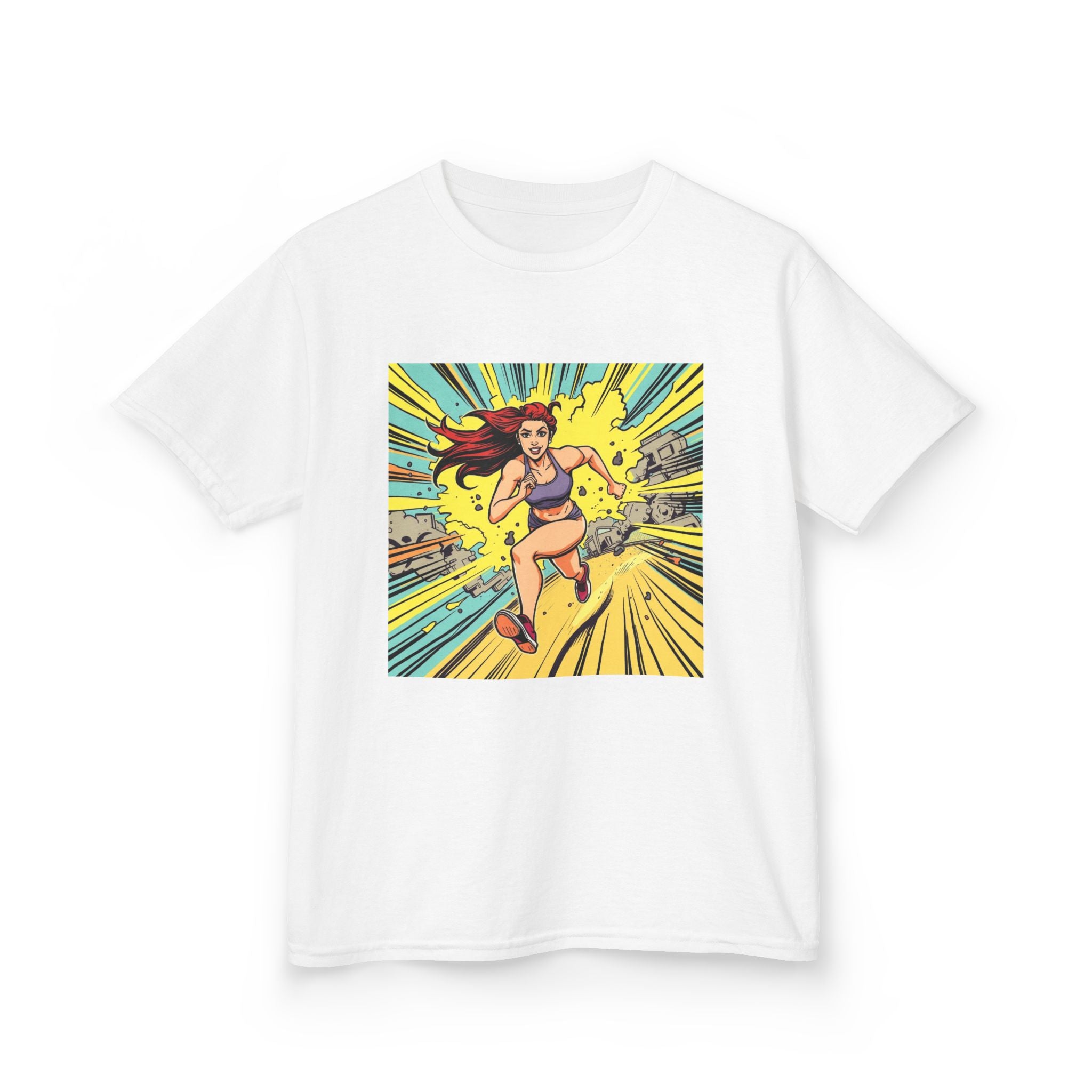 Kids Tee — Retro Pop Art Superhero Girl Running Graphic
