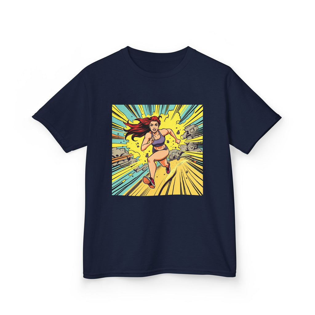 Kids Tee — Retro Pop Art Superhero Girl Running Graphic