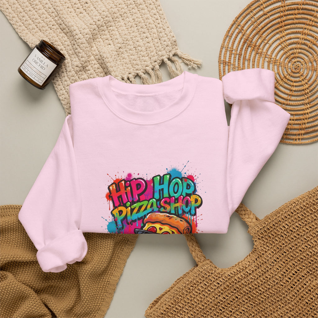Hip Hop Pizza Shop Crewneck Sweatshirt — Retro Graffiti Pizza Slice Design