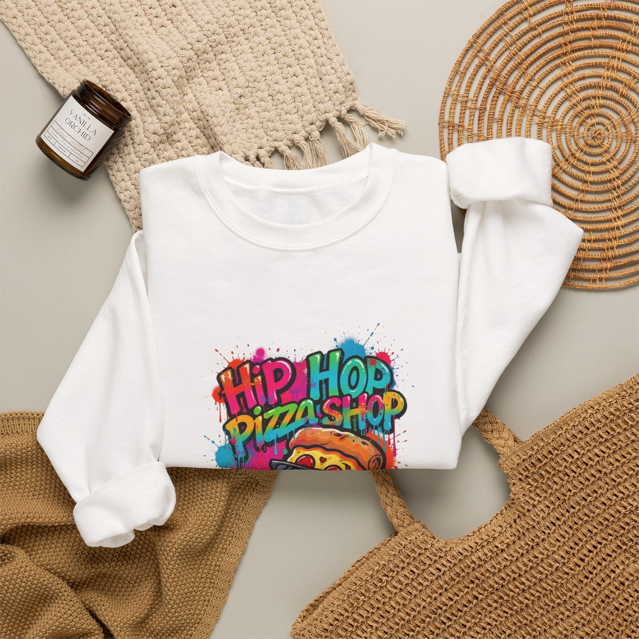 Hip Hop Pizza Shop Crewneck Sweatshirt — Retro Graffiti Pizza Slice Design