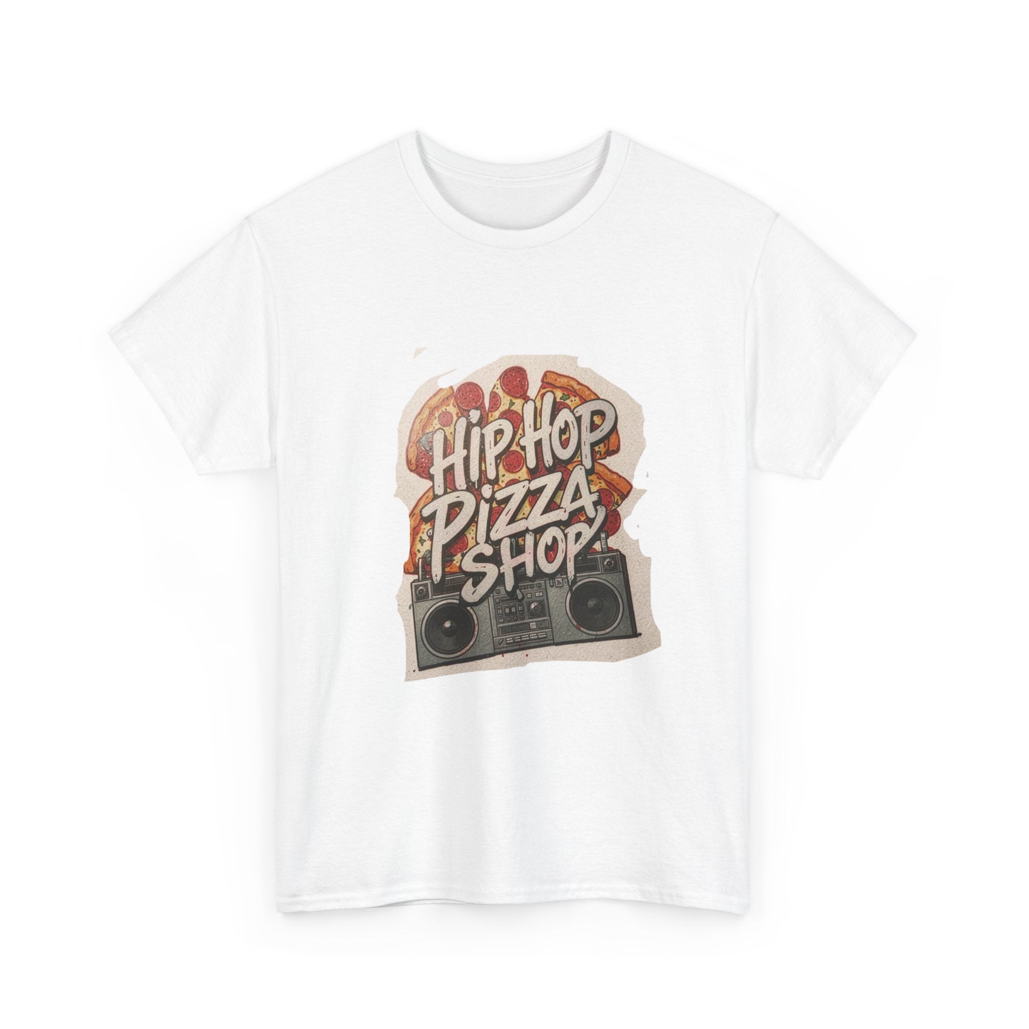 Hip Hop Pizza Shop T‑Shirt — Retro Boombox Pizza Graphic Tee
